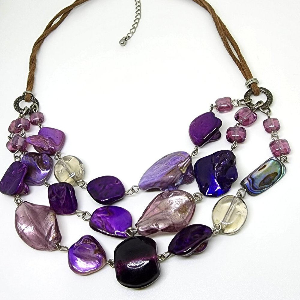 Purple Glass and Abalone Mother-of-Pearl Triple Strand Leather Chain Necklace - Picture 6 of 14
